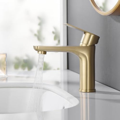 SUMERAIN Bathroom Sink Faucet Lead-Free 304 Stainless Steel Single Hole Single Handle Vanity Faucet, Brushed Gold | Lead-Free, Unique Flow Pattern, Water-saving, with Faucet Supply Lines, Easy DIY Install - color: Brushed Gold