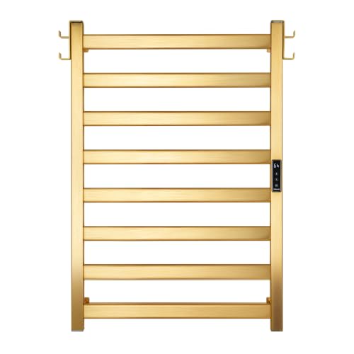 EA15 Series Towel Warmer, 8 Bar, Gold | Heated Towel Rack, Dual Hooks, Built-in Thermo Control and Timer, Memory Function, Work with Smart Plug - color: Gold, size: 8 Bar