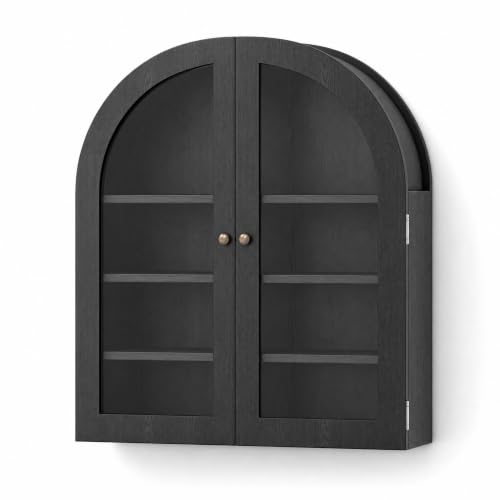 Arched Wall Cabinet, Bathroom Medicine Cabinet with Clear Acrylic Doors and Adjustable Shelves, Wall Mounted Storage Organizer for Over Toilet, Kitchen, Living Room, Black - color: Black