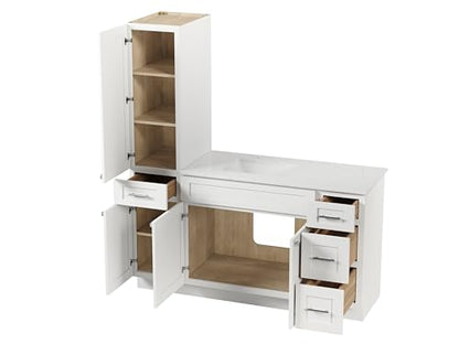 63" Bathroom Vanity with Linen Storage Tower and 4 Drawers, Carrara Quartz Top and Ceramic Sink, Left or Right Tower Option, Solid Wood Frame, 64" x 22" x 72" (White, Left Tall Cabinet) - color: White