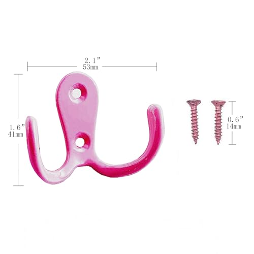 2 Pcs Double Prong Robe Hooks, Dual Coat Hooks Wall Mounted Hanging Clothes for Bathroom Bedroom Door Wall Retro Metal Cloth Hanger Double Coat Hooks with 4 Screws (Pink) - color: Pink