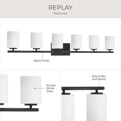 Progress Lighting Replay Collection 48 in. 6-Light Textured Black Etched White Glass Modern Bath Vanity Light - color: Textured Black, size: 6-Light