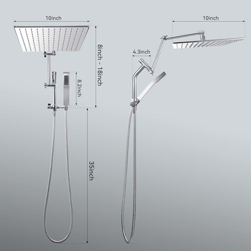 All Metal 10 Inch Rain Shower Head with Handheld Built-in Power Wash Mode, High Pressure Waterfall Rainfall Square Shower Heads with 16" Adjustable Extension Arm, Dual Showerhead(Chrome) - color: Chrome, size: 10 Inch