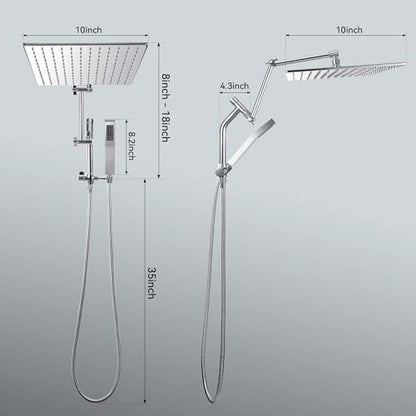 All Metal 10 Inch Rain Shower Head with Handheld Built-in Power Wash Mode, High Pressure Waterfall Rainfall Square Shower Heads with 16" Adjustable Extension Arm, Dual Showerhead(Chrome) - color: Chrome, size: 10 Inch