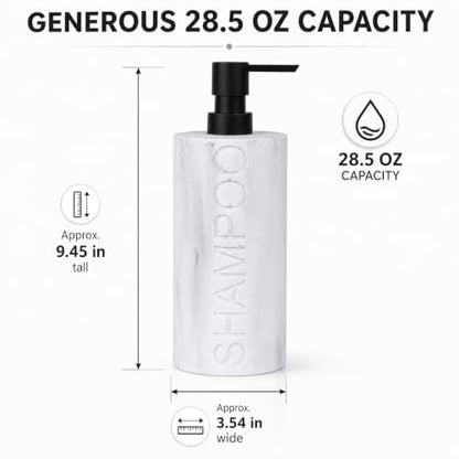 Resin White Marbled Shampoo Engraved Bottle Refillable Pump Dispenser, Durable Waterproof Construction for Bath, Shower - Resin White Marble - Matte Black Pump - color: Shampoo White