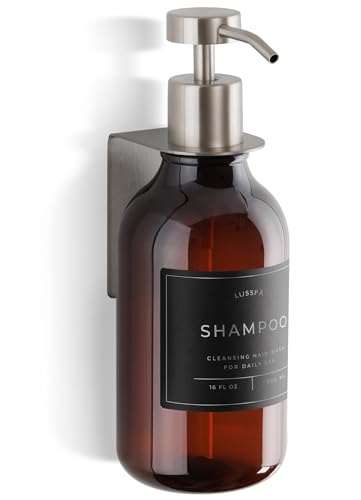 Shower Shampoo Dispenser Wall Mounted – Refillable 16.9 oz Amber Bottle with Stainless Steel Pump & No-Drill Adhesive Holder – Soap Dispenser for Bathroom (1 X Amber/Silver) - color: 1 X Amber/Silver