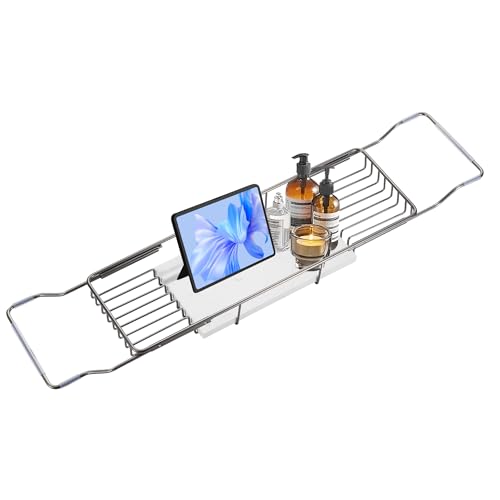 Bathtub Tray Stainless Steel with Marble Base Gun Gray Bathtub Tray with White Marble Base Adjustable & Rustproof Bath Caddy for Spa, Relaxation, Bath Bombs - color: Gun Gray