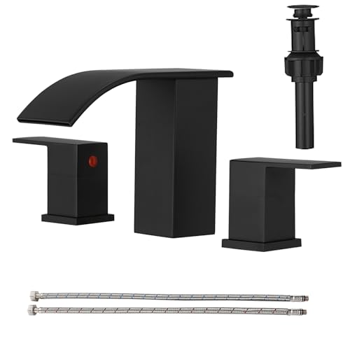 RUMOSE Bathroom Faucets Black Bathroom Sink Faucet 3 Hole with Drain | 8 inch Widespread 2 Handles Lavatory Vanity Faucet Set, Waterfall Spout, Deck Mounted, Pop Up Drain, Stainless Steel - color: Matte Black
