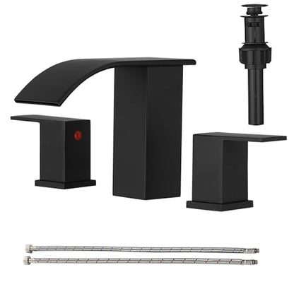 RUMOSE Bathroom Faucets Black Bathroom Sink Faucet 3 Hole with Drain | 8 inch Widespread 2 Handles Lavatory Vanity Faucet Set, Waterfall Spout, Deck Mounted, Pop Up Drain, Stainless Steel - color: Matte Black