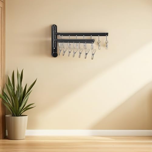 Black Stainless Steel Balcony Clothes Drying Rack Wall Mount with 2-Tier Multi Bar, 360° Rotating Arms, Windproof Clips, and No-Drill Installation for Bathroom and Studio Settings,