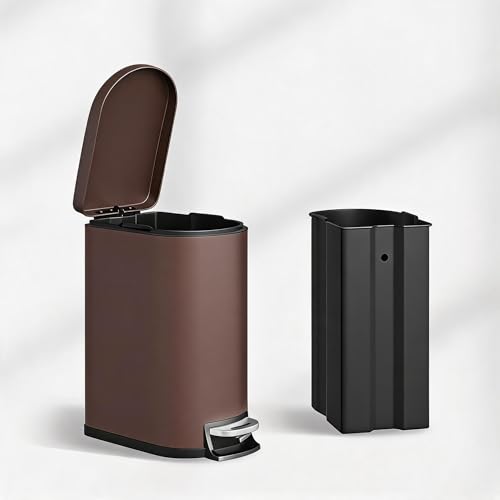 IDEALHOUSE 2.6 Gal/10L Slim Garbage Can for Bathroom with Lid, Brown | Stainless Steel Trash Bin for Small Space, Small Step-on Metal Waste Basket with Removable Inner Bucket, Soft Close - color: Brown