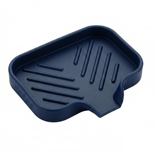 MicoYang Silicone Soap Dish with Drain Spout, Self-Draining Sink Organizer Tray for Bathroom and Kitchen, Sponges, Dispensers & Soap Holder, Non-Slip & Dishwasher Safe, Navy Blue (Compact, 4.9"×3.2") - color: Navy Blue, size: S(4.9"×3.2")