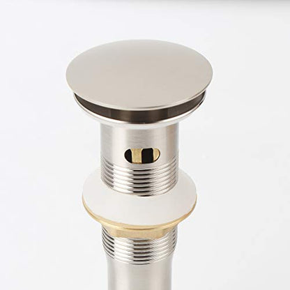 Bathroom Sink Pop Up Drain with Overflow, Strainer, Brushed Nickel | Solid Brass with Detachable Basket Strainer; 7 in. Closed/7.5 in. Open; 1-1/2 in. Min Drain Opening; Push-button Stopper - color: Brushed Nickel, size: Big Popup Cap