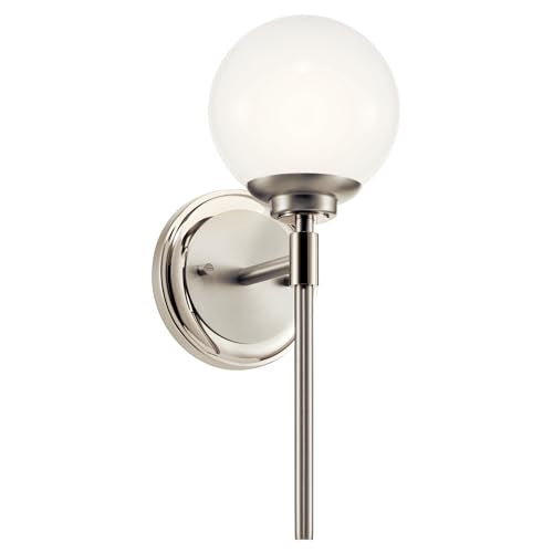 Kichler Benno 1-Light Wall Sconce, Modern Light with Opal Glass in Polished Nickel and Brushed Nickel, for Bathroom, Powder Room, Kitchen, Bedroom, or Hallway (13.75" x 5.25"), 55170PN - color: Polished Nickel, size: 13.75"