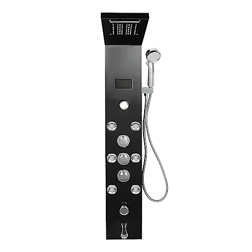 Black LED Shower Panel Tower System with 8 Massage Body Jets, Stainless Steel 6 IN 1 Shower Tower with Rainfall Waterfall Shower Head and Handheld, Multi-Function Bathroom Shower Panel