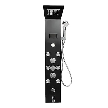 Black LED Shower Panel Tower System with 8 Massage Body Jets, Stainless Steel 6 IN 1 Shower Tower with Rainfall Waterfall Shower Head and Handheld, Multi-Function Bathroom Shower Panel