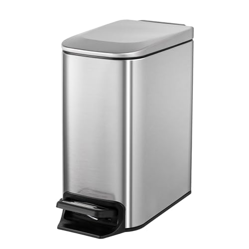Cesun Small Bathroom Trash Can with Lid, 1.6 Gal, Soft Close, Sliver | Step pedal soft close, Slim 5.9in fits narrow spaces, Stainless steel, Anti-fingerprint, Removable inner bucket, Odor seal - color: Silver