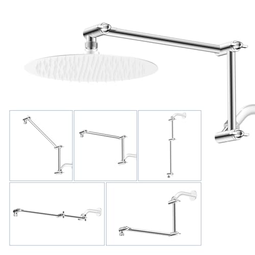 All-Metal 16" Shower Head Extension Arm, G1/2" Universal/Adjustable, Chrome | Flexible Brass Shower Head Extender Adjustable Height/Angle, Stainless Steel Rain Shower Pipe Height Extended with Lock Joint - color: Chrome, size: 16 Inch
