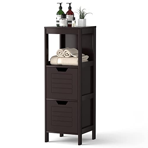 DORTALA Bathroom Storage Cabinet, Multifunctional Wooden Storage Rack Free Standing Organizer w/ 2 Drawers, Space-Saving Bathroom Floor Cabinet for Living Room Bathroom Bedroom Entryway, Brown - color: Brown
