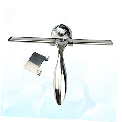 3Pcs Stainless Steel Shower Squeegee for Glass Mirror Bathroom | Suction Cup Mount, Hooks Holder, Rust-Proof Build, Weighted Handle, Space-Saving Storage Placement