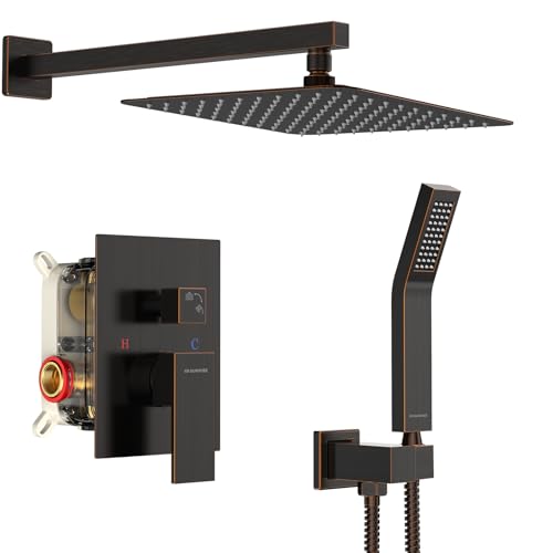 SR SUN RISE ORB Square Rainfall Shower Head and Handle Set, Wall Mounted Shower Fixtures, Metal Shower Faucet Trim Repair Kits (With Shower Valve) 10 Inches - color: Oil Rubbed Bronze, size: 10 Inch