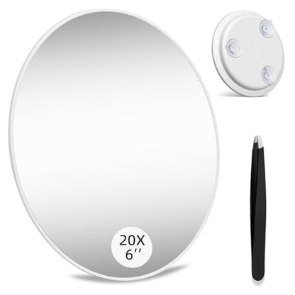 Large 6" 20x Magnifying Mirror with Tweezers, Travel Magnified Makeup Mirror with Suction Cups, 20x Magnification - color: White--20x