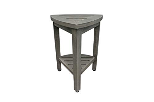 CoastalVogue Snazzy Corner Gray Teak Shower Bench with Storage Shelf | Crafted from 100% solid plantation teak, this corner shower seat resists moisture and outperforms bamboo