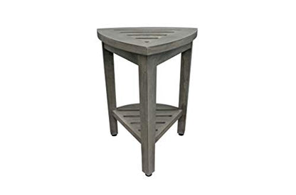 CoastalVogue Snazzy Corner Gray Teak Shower Bench with Storage Shelf | Crafted from 100% solid plantation teak, this corner shower seat resists moisture and outperforms bamboo