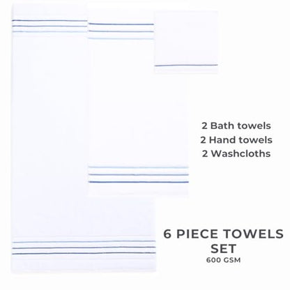 Bath Towels Set for Bathroom – Luxury 6-Piece Cotton Towels, Soft Absorbent & Quick Dry, 600 GSM Bath Towels for Bathroom, Hotel Spa Quality (White/Blue Azure, 6- Bath Towel Set) - color: White/Blue Azure