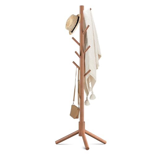 Haddockway Wooden Coat Rack Stand with 8 Hooks New Zealand Pine 3 Adjustable Coat Standing Tree Easy Assembly for Coats, Hats, Scarves and Handbags for Entryway, Hallway, Bedroom, Office - color: Brown, size: 1 PC