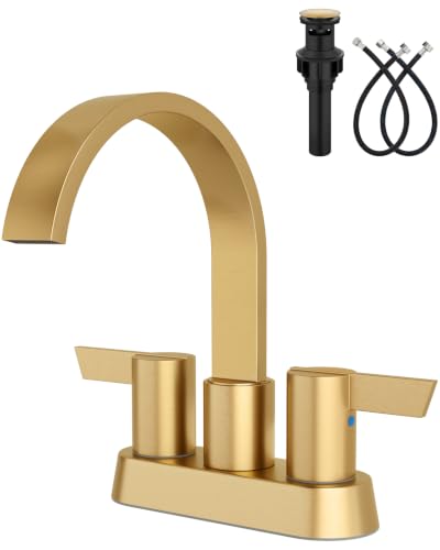 Gold Bathroom Faucet,4 Inch Centerset 2-Handle Waterfall | Includes Pop-Up Drain,24-Inch Supply Lines,Mounting Hardware,SUS304 Stainless Steel Construction,And A 360° Swivel Spout - color: Gold