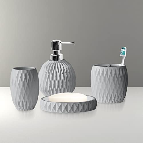 Grey Resin Bath Accessory Set for Vanity Countertops, 4 Piece Luxury Ensemble Dish, Toothbrush Holder, Tumbler, soap and Lotion Pump, Grey Resin
