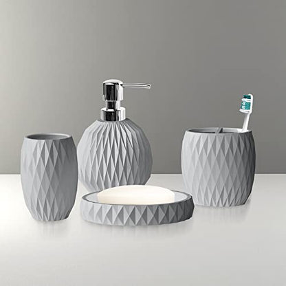 Grey Resin Bath Accessory Set for Vanity Countertops, 4 Piece Luxury Ensemble Dish, Toothbrush Holder, Tumbler, soap and Lotion Pump, Grey Resin