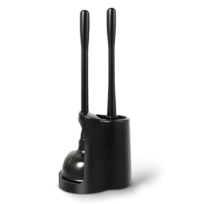 Toilet Plunger and Bowl Brush Combo with Dual-Compartment Holder – Heavy Duty Suction, Ergonomic Handles, Anti-Splash, Sleek Compact Design (Black)