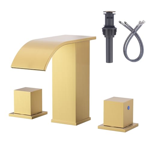 Brushed Gold Waterfall Bathroom Faucet: ARCORA 8 Inch Widespread Bathroom Faucets for Sinks 3 Hole, Modern 2 Handles Bathroom Sink Faucet with Pon Up Drain and cUPC Supply Lines - color: Brushed Gold