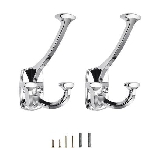 Polished Chrome Hooks Large Wall Mounted Decorative Solid Heavy-Duty Double-Sided Coat Hooks Triple Coat Hook Towels Coats Robes Towels Bag Bathroom Three Prong Coat Hook (2 Pack) - color: Polished Chrome