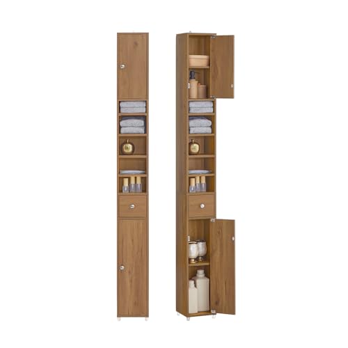 SoBuy Bathroom Narrow Storage Cabinet Skinny Tall Unit with Adjustable Shelves Slender Anti-Tipping Floor Standing Cupboard, Natural BZR34-PF | Slim Freestanding Cupboard Bathroom Storage Unit with Drawer, Compact Water-Resistant Design, Natural 20x20x180