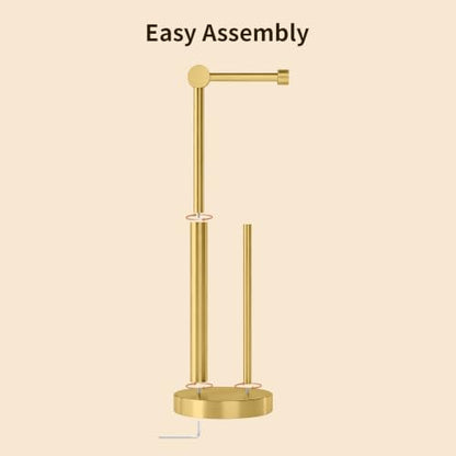 Toilet Paper Holder Stand with Storage & Weighted Base, Brushed Gold | Free Standing Stainless Steel Design with Open-Ring Arm for Easy Roll Replacement - color: Brushed Gold