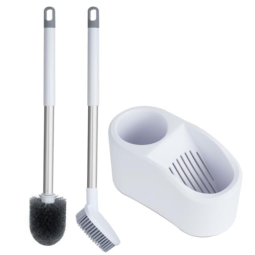 Toilet Brush and Holder Set,Toilet Bowl Brush + Flat Scrubber Brush,with Hangable Long Handle,Ventilated Base, Durable Nylon Bristles,Toilet Cleaner Brush for Bathroom RV Toilet Deep Cleaning