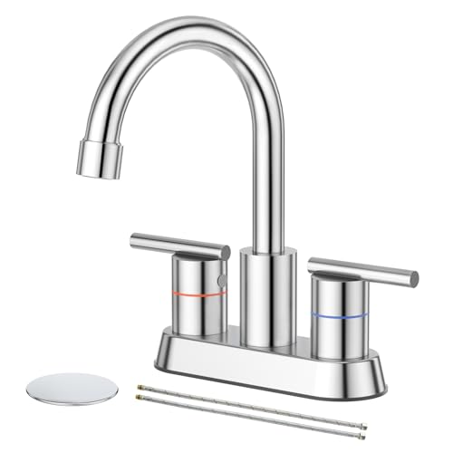 Faustina Polished Chrome Bathroom Faucet, 4 Inch Centerset Bathroom Faucet for Sink 2 Holes 3 Holes，Two Handles 304 Stainless Steel Faucet with Pup up Drain and 2 Water Supply Lines for RV Vanity - color: Chrome, style: Modern Centerset