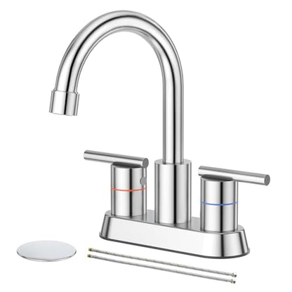 Faustina Polished Chrome Bathroom Faucet, 4 Inch Centerset Bathroom Faucet for Sink 2 Holes 3 Holes，Two Handles 304 Stainless Steel Faucet with Pup up Drain and 2 Water Supply Lines for RV Vanity - color: Chrome, style: Modern Centerset
