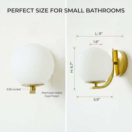 Mid Century Gold Wall Sconces Set of 2 with Milky Glass Globe Shade | Modern Art Deco, Wall Mounted Light Fixture, Vanity Wall Light, For Bedroom, Living Room, Hallway, Stairway - color: Gold, size: 2 Pes