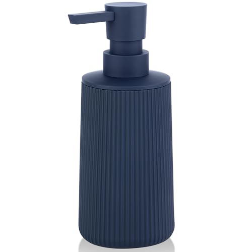 Small Soap Dispenser for Bathroom and Kitchen Matte Blue | Modern Farmhouse Striped Style Plastic Hand Soap Dish Soap Dispenser with Pump - color: Navy Blue