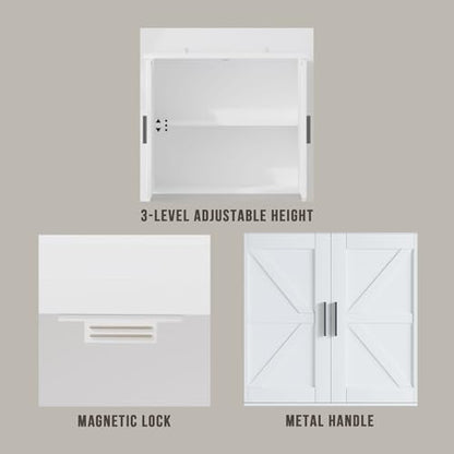 Over the Toilet Storage Cabinet with Double Doors, White Bathroom Storage Cabinets Above Toilet with Adjustable Shelf, Slim Narrow Toilet Rack for Bathroom, White (Engineered Wood)