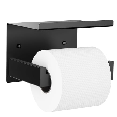 Auxmir Toilet Paper Holder with Shelf, Self Adhesive or Screw Mount, Black | rustproof SUS304 stainless steel with phone shelf, square anti-slip bar, fits mega rolls, adhesive or screw installation - color: Tp Holder With Shelf-black
