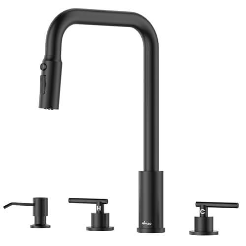APPASO 4 Hole Black Kitchen Faucet with Pull Down Sprayer & Soap Dispenser | Matte Black Square Neck Kitchen Sink Faucet with Dual Handle, Stainless Steel for 3 and 4-Hole Sinks, Easy to Install - color: 3-Black