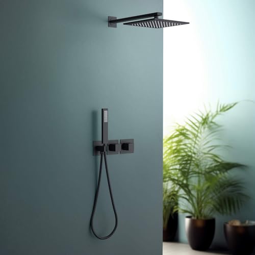 KIBI Cube Thermostatic Bathroom Shower System – 2-Function Wall Mounted Shower Set with Rough-In Valve, Modern Mate Black, Durable Rust-Resistant Bathroom Shower Faucet Kit - color: Matte Black