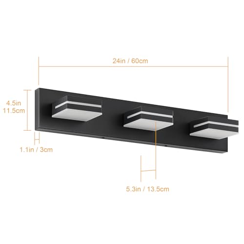 SineRise LED Modern Bathroom Vanity Light Fixtures, Modern Acrylic Bathroom Wall Lighting Fixtures Over Mirror, 3-Light, 24-Inch, Black, White - color: Black, White, size: 3-Light, 24-Inch