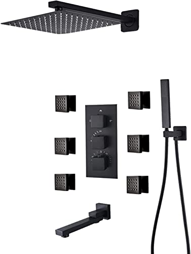 Shower System Thermostatic Concealed Shower Faucet Set Wall Mounted Matte Black Anti Scald Shower Combo Set with 6 Body Sprays with Hand Shower and Waterfall Rainfal,10 Inch - size: 10 Inch
