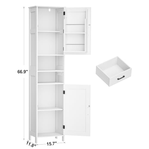 67" Tall Bathroom Storage Cabinet with Adjustable Shelf, Narrow Cabinet | Farmhouse Kitchen Cabinet with 2 Doors, Narrow Floor Cabinet for Kitchen, Bathroom, Dining Room, Laundry Room, White